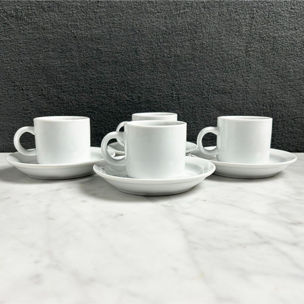 Pier 1 Demitasse Cups Saucers White Porcelain Set of 4 Espresso Coffee Cups
